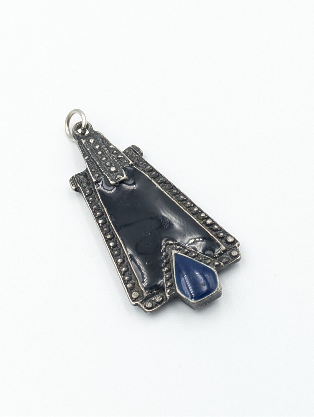 Art deco inspired black and blue enamel metal pendant